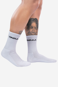 White ONRAA Performance Crew Socks with ONRAA branding, displayed on a person
